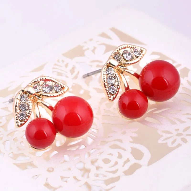 Cute Red Cherry Earrings Rhinestone Leaf Bead Earstuds for Women