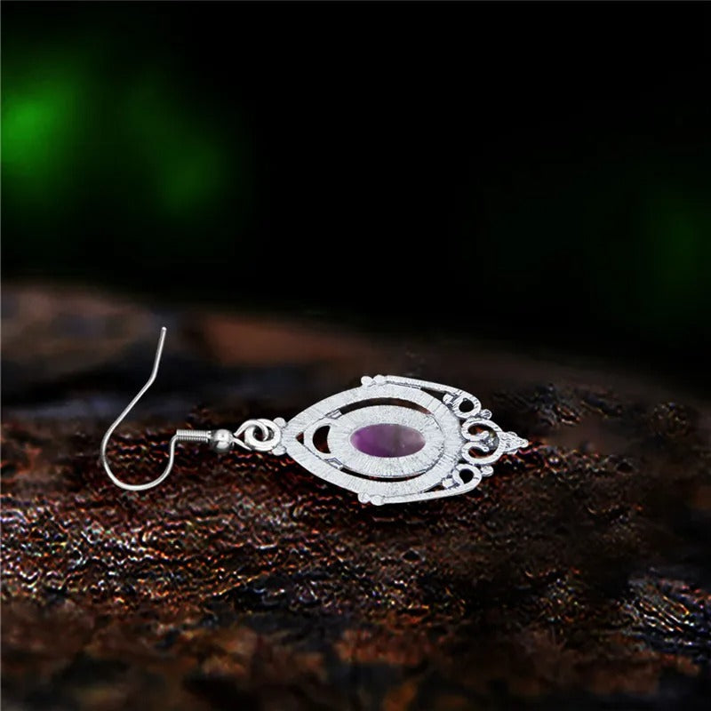 Vintage Amethyst & Tiger Eye Drop Earrings Silver Women
