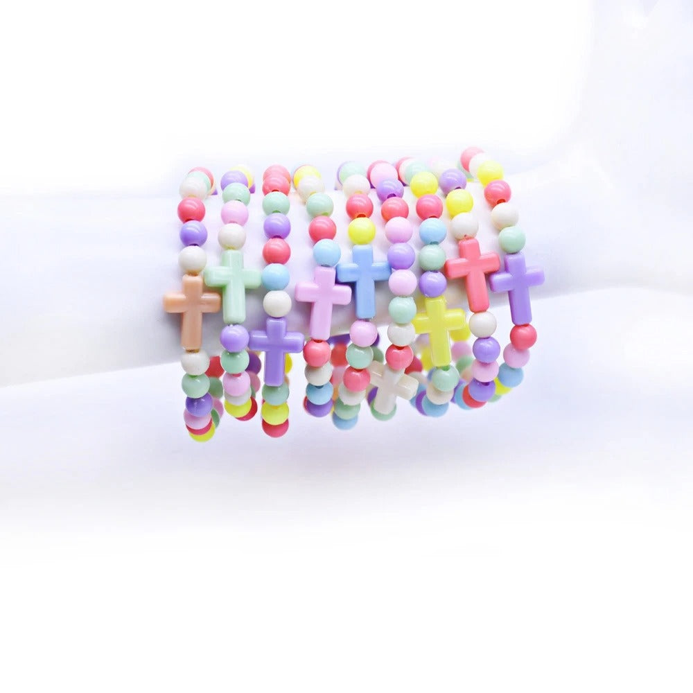 Plastic Beads Strand Cross Children Bracelets Elastic Religious Jewelry 5pcs/Pack