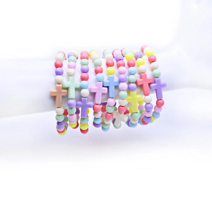 Plastic Beads Strand Cross Children Bracelets Elastic Religious Jewelry 5pcs/Pack