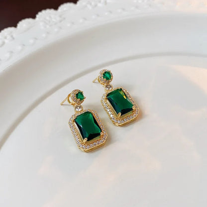 Elegant Green Crystal Drop Earrings Women Round & Square Dangle