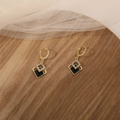 Black Rhombus Gold Drop Earrings for Women