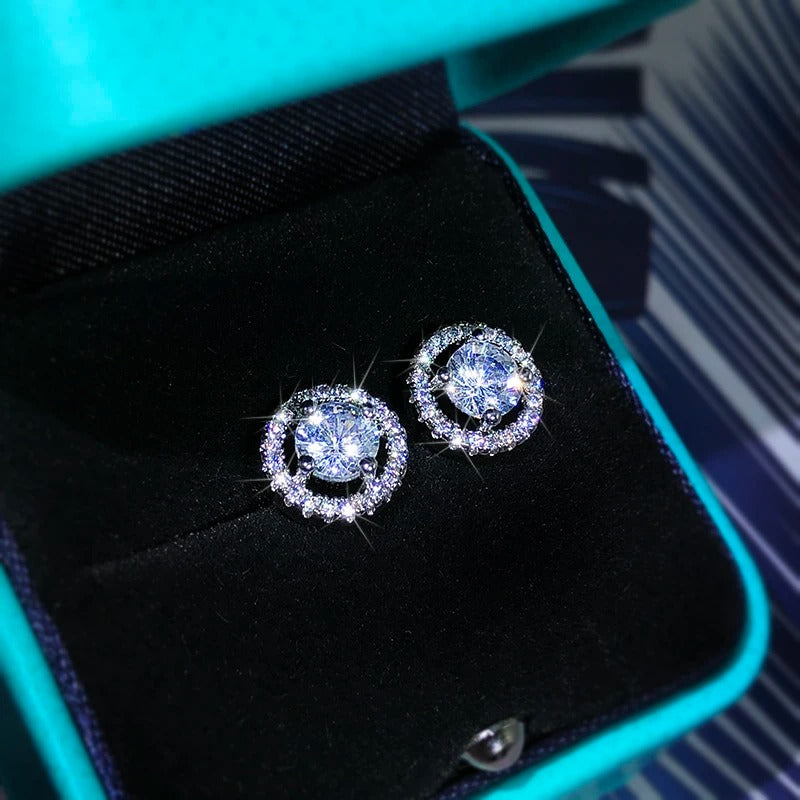 Silver High-End Fashion Jewelry White Zircon Round Earrings Exquisite Diamond-Studded Crystal Earrings Ladies Party