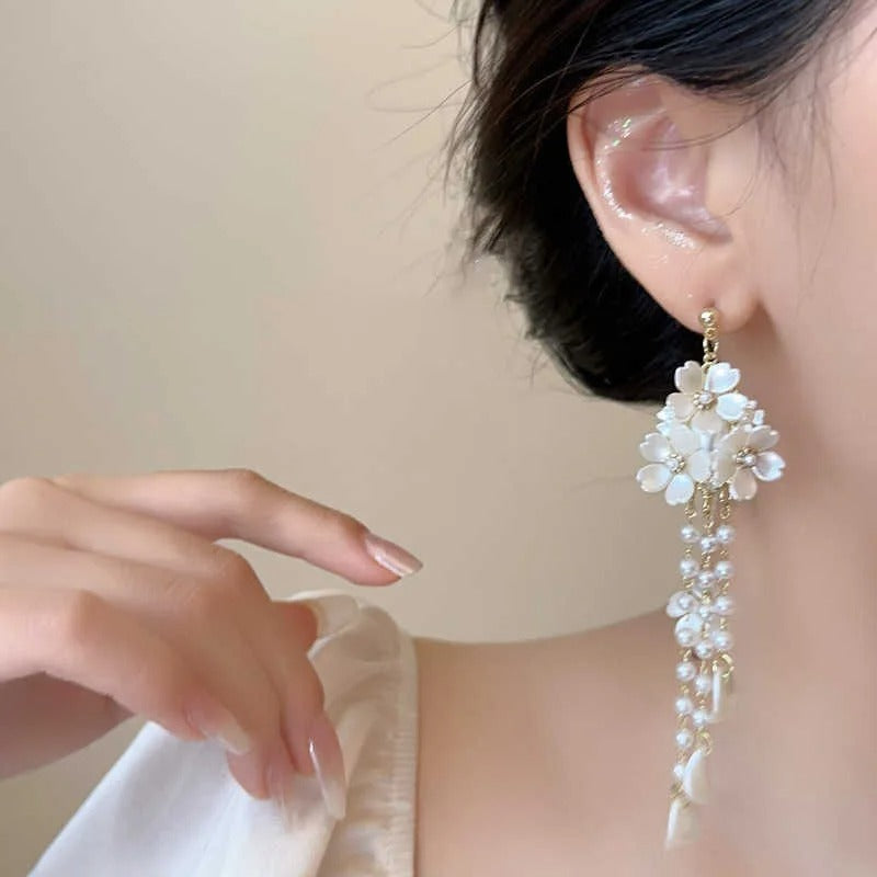 French Tassel Flower Drop Earrings Women Bridal Wedding Jewelry