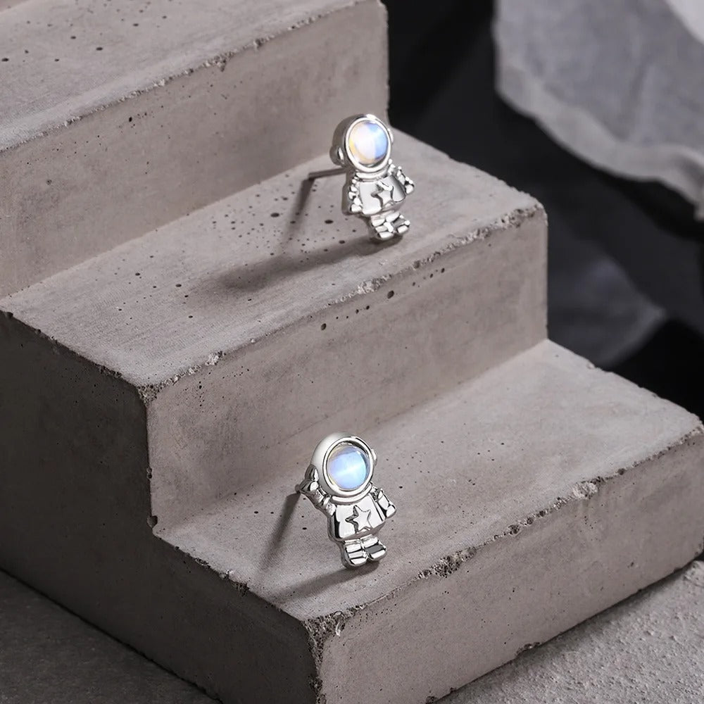 New 925 Sterling Silver Small Astronaut Crystal Stud Earrings