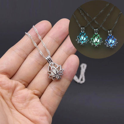 Luminous Glowing In The Dark Moon Lotus Flower Shaped Pendant Necklace for Women  Hip Hop Punk Jewelry