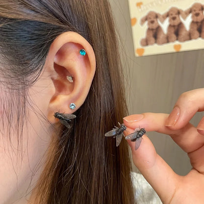 Funny Black Fly Stud Earrings Men Women Insect Jewelry Gift