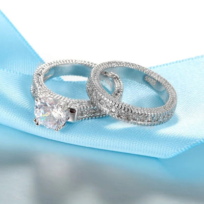 Elegant 925 Silver Wedding Engagement Couple Rings CZ Stone