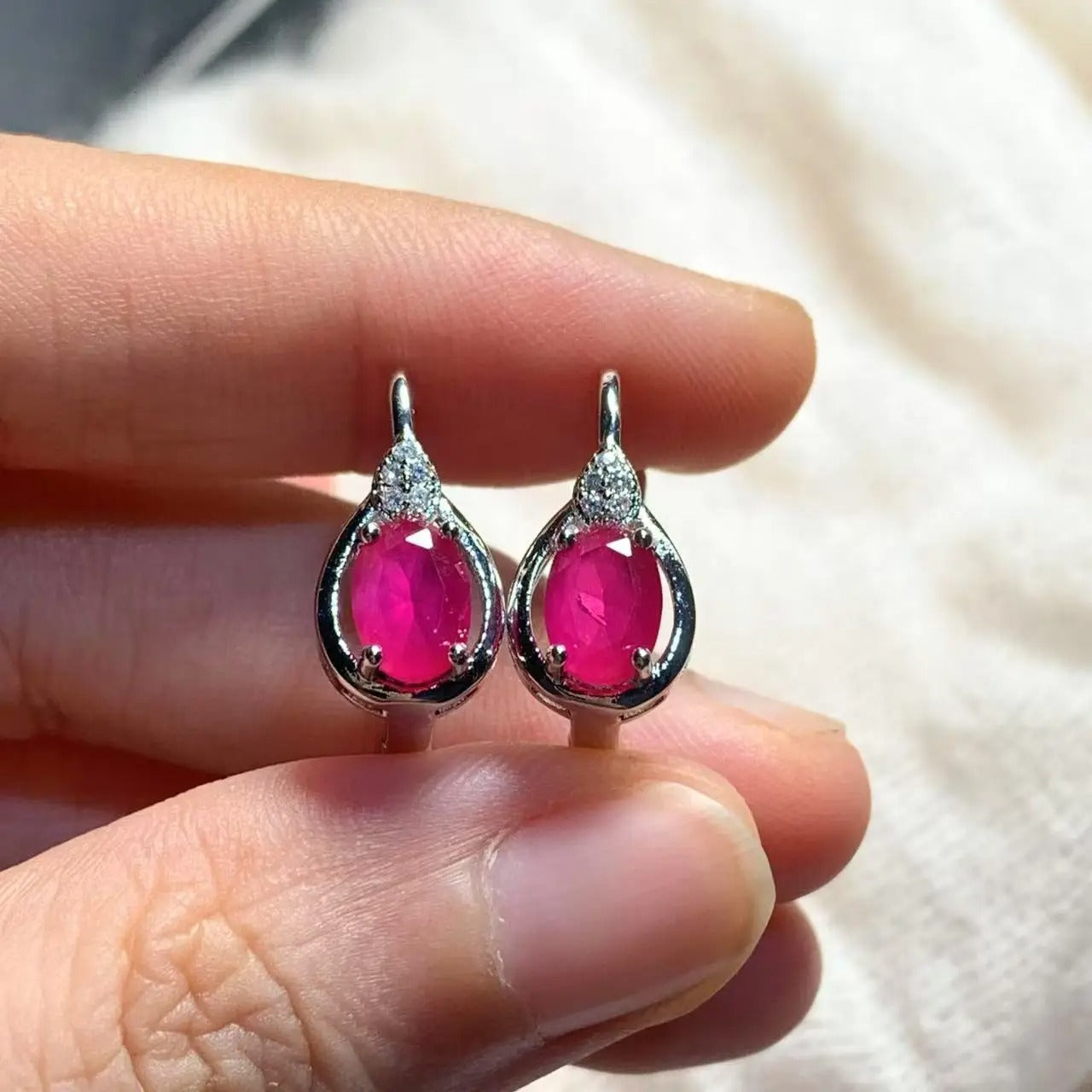 Stone Ruby Hoop Earrings Women Classic Stainless Steel Jewelry