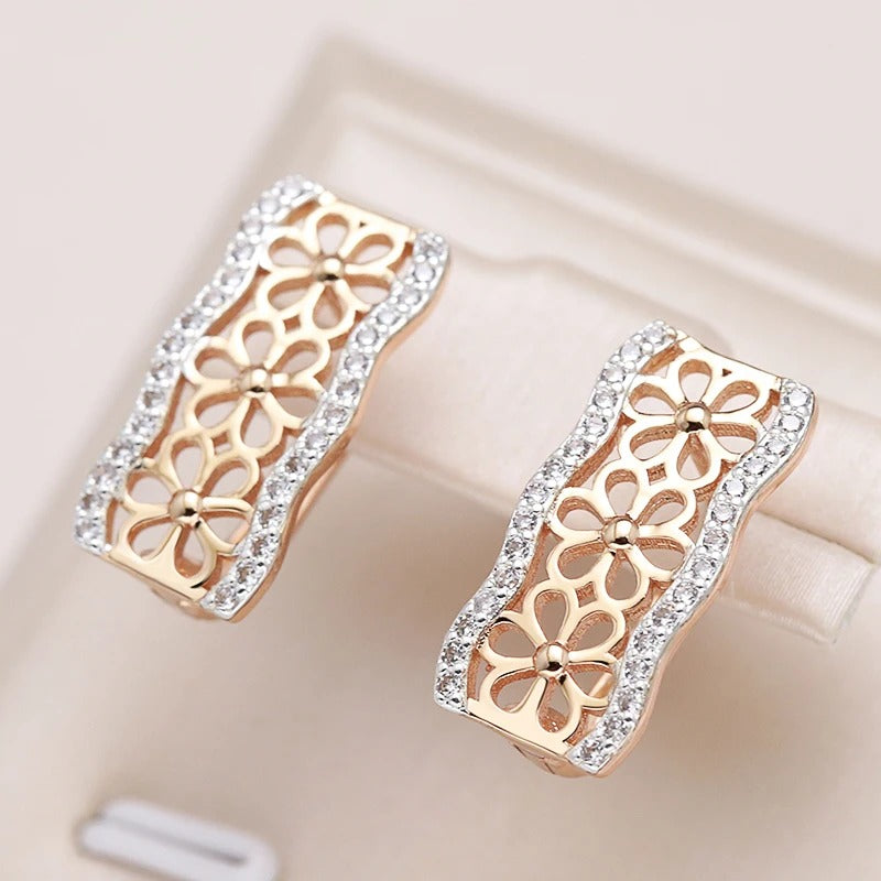 585 Rose Gold Silver Mix Color Metal Flower Drop Earrings For Women Natural Zircon Setting Wedding Party Fashion Jewelry