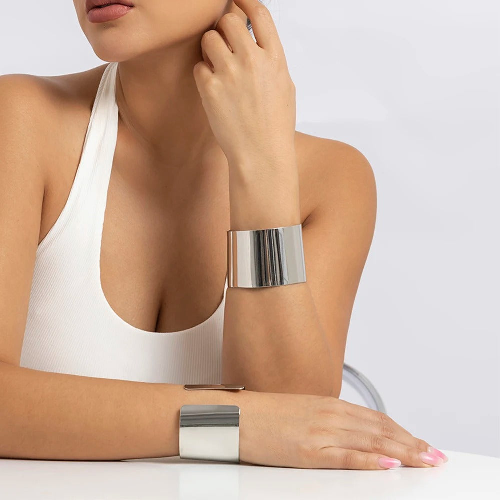 Gold Color Wide Cuff Bracelet for Women Simple Open Bangle