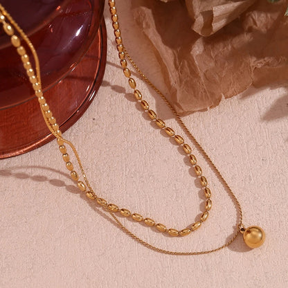 E.B.belle Simple Double-layer Rice bead Pendant Necklace 316L Stainless Steel Decoration 18K Gold Plated Jewelry