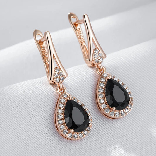 Hot Sparkling Black Natural Zircon Long Drop Earrings Women 585 Rose Gold Color Vintage Wedding Party Fine Daily Jewelry