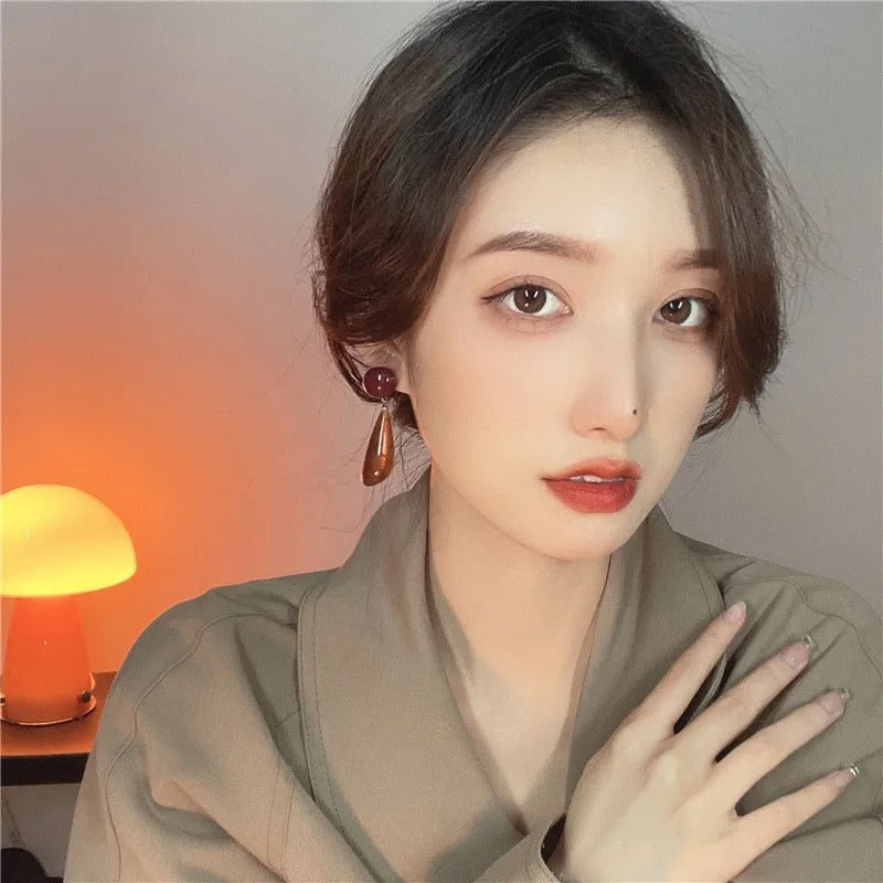 Elegant Amber Hanging Earrings Anti-Allergy Long Dangle Jewelry