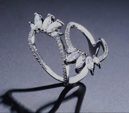 Cute Style White Color CZ Zirconia Leaf Open Rings Geometric Adjustable Ring Jewelry for Women Party Gift