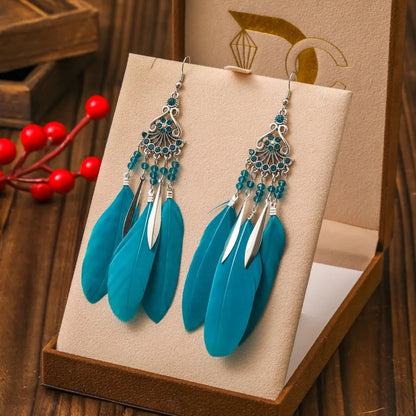 Ethnic Style Long Drop Crystal Beads Feather Earrings Women