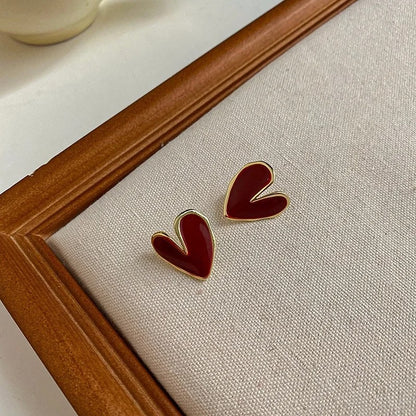 Cute Red Heart Stud Earrings Golden Metal Trendy Jewelry Women