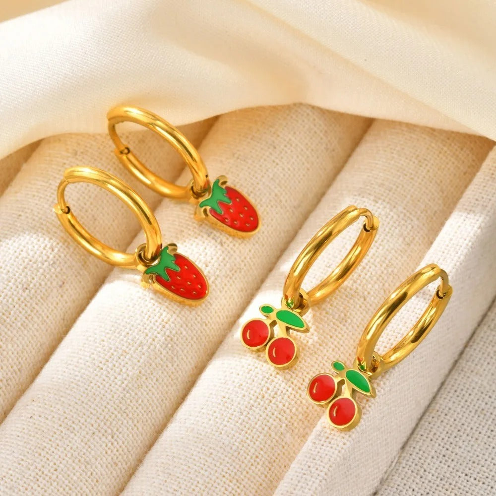 Kolmnsta Stainless Steel Strawberry Cherry Hoop Earrings Women Jewelry