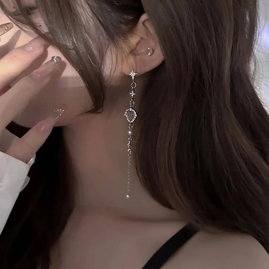 Y2K Korean Star Tassel Heart Opal Thread Earrings for WomenLong Cross Love Drop Elegant Aesthetic Jewelry