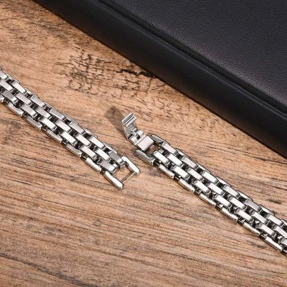 Men’s Black & Silver Watchband-Style Chain Bracelet Teens & Boys