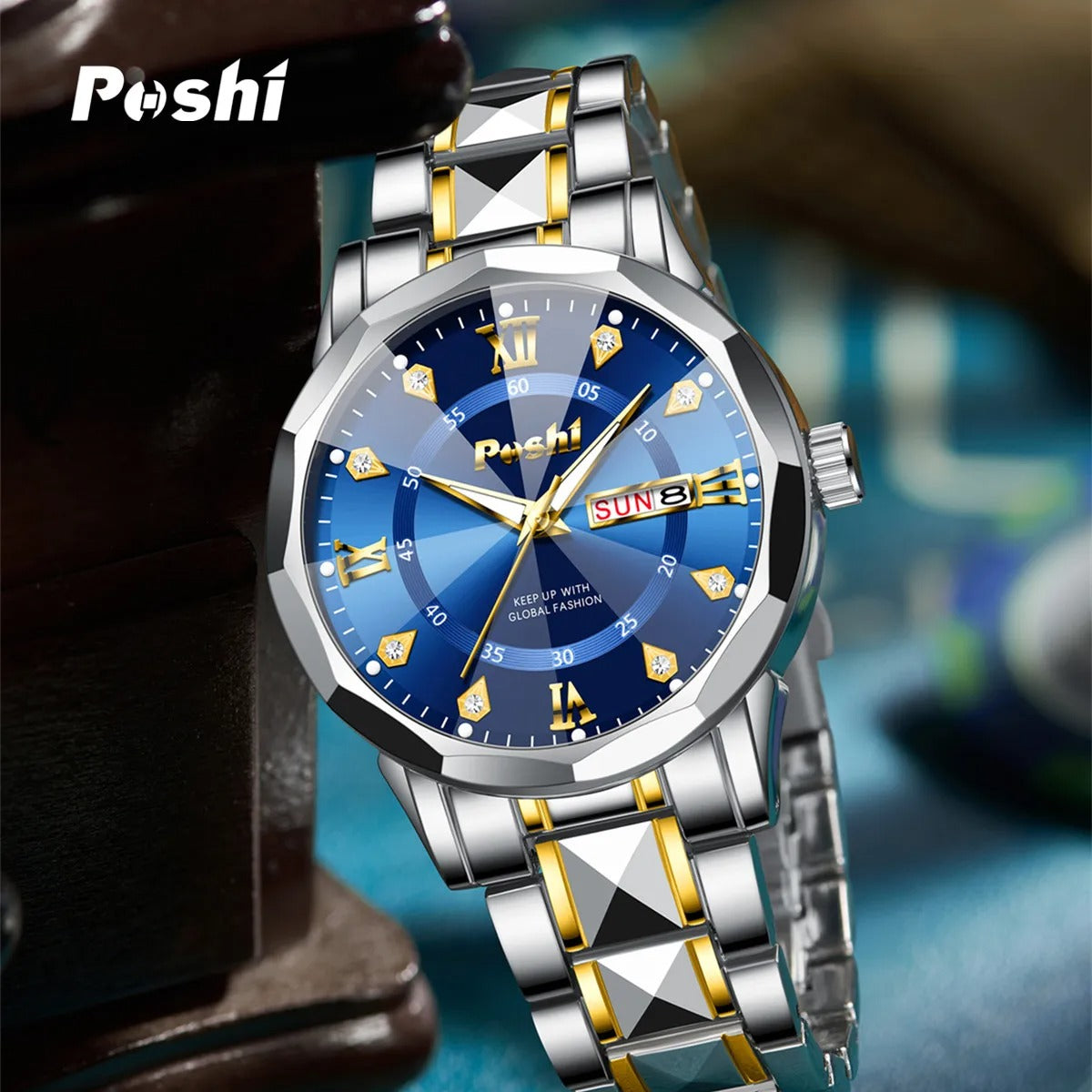 Men’s Date & Week Quartz Watch POSHI Luminous Waterproof Watch
