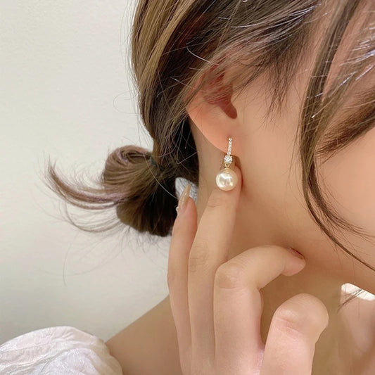 Elegant Lady's Pearl Hoop Earrings Korean Fashion Jewelry for Women and Girls