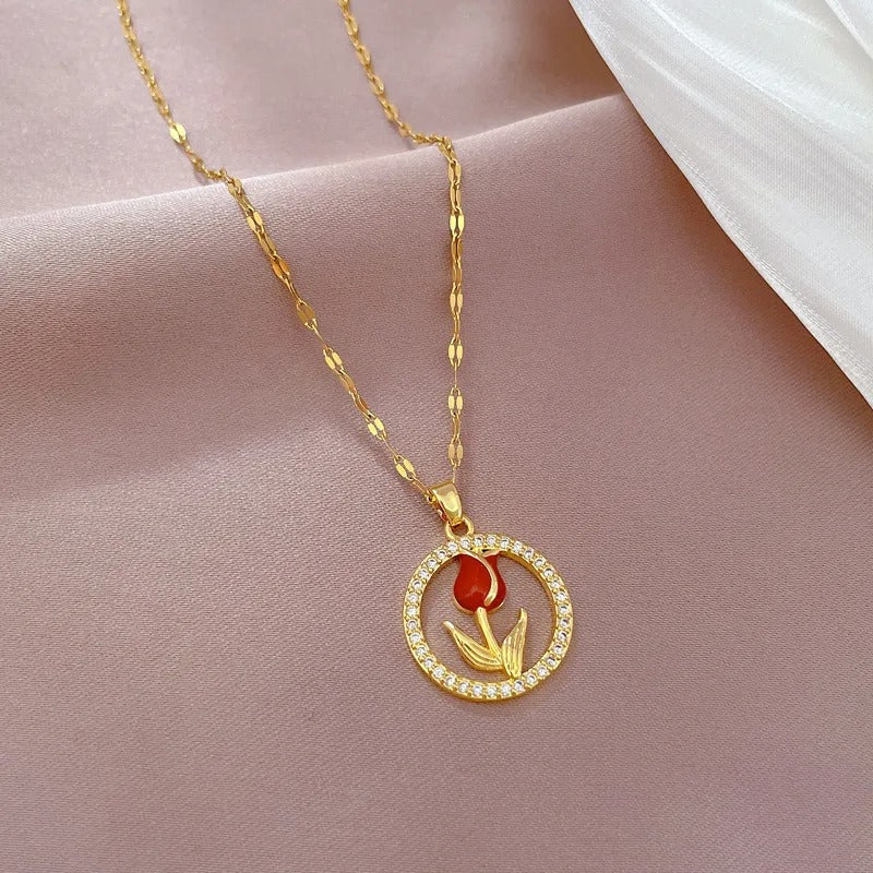 Charming and Elegant Tulip and Rose Pendant Necklace with Hollow Circle Design