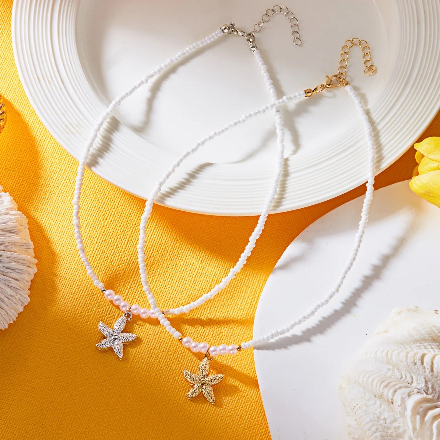 Handmade Starfish Pendant Necklace Rice Beads Pearl Choker for Women