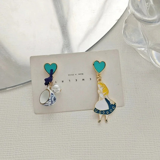 Carton Fairy Tale Princess Alice Earrings Imitation Pearl Blue Heart Dangle Earrings Cute Girls Enamel Earrings