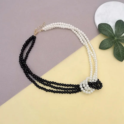 Layered Black & White Pearl Necklace Women Chic Statement Jewelry