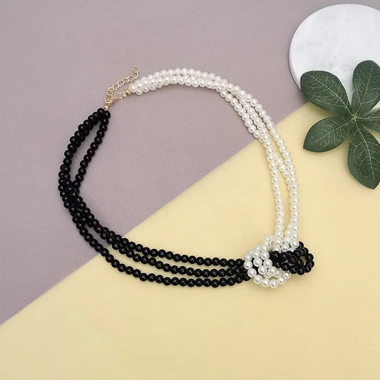 Women's Chic Layered Elegant Black & White Beaded Pearl Necklace Black and White Knotted Design Statement Jewelry