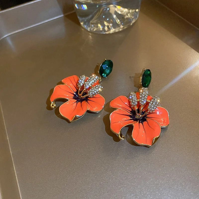 Orange Enamel Flower Drop Earrings with Green Crystals for Women