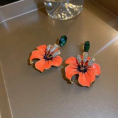 Orange Enamel Flower Drop Earrings with Green Crystals for Women