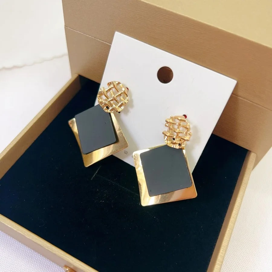 Double Color Rhombus Dangle Earrings Women Hollow Golden Jewelry