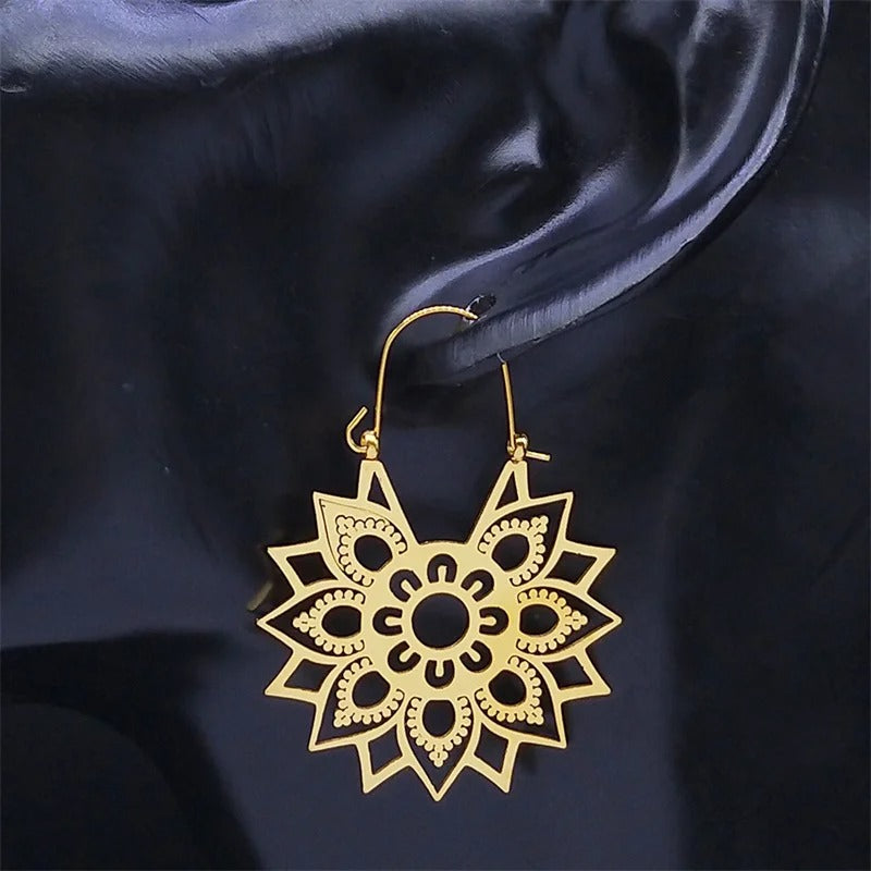 Women Gold Lotus Flower Hoop Earrings Yoga Stainless Steel Jewelry