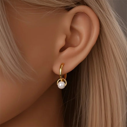 Women’s Golden Pearl Hoop Earrings 925 Sterling Silver Jewelry