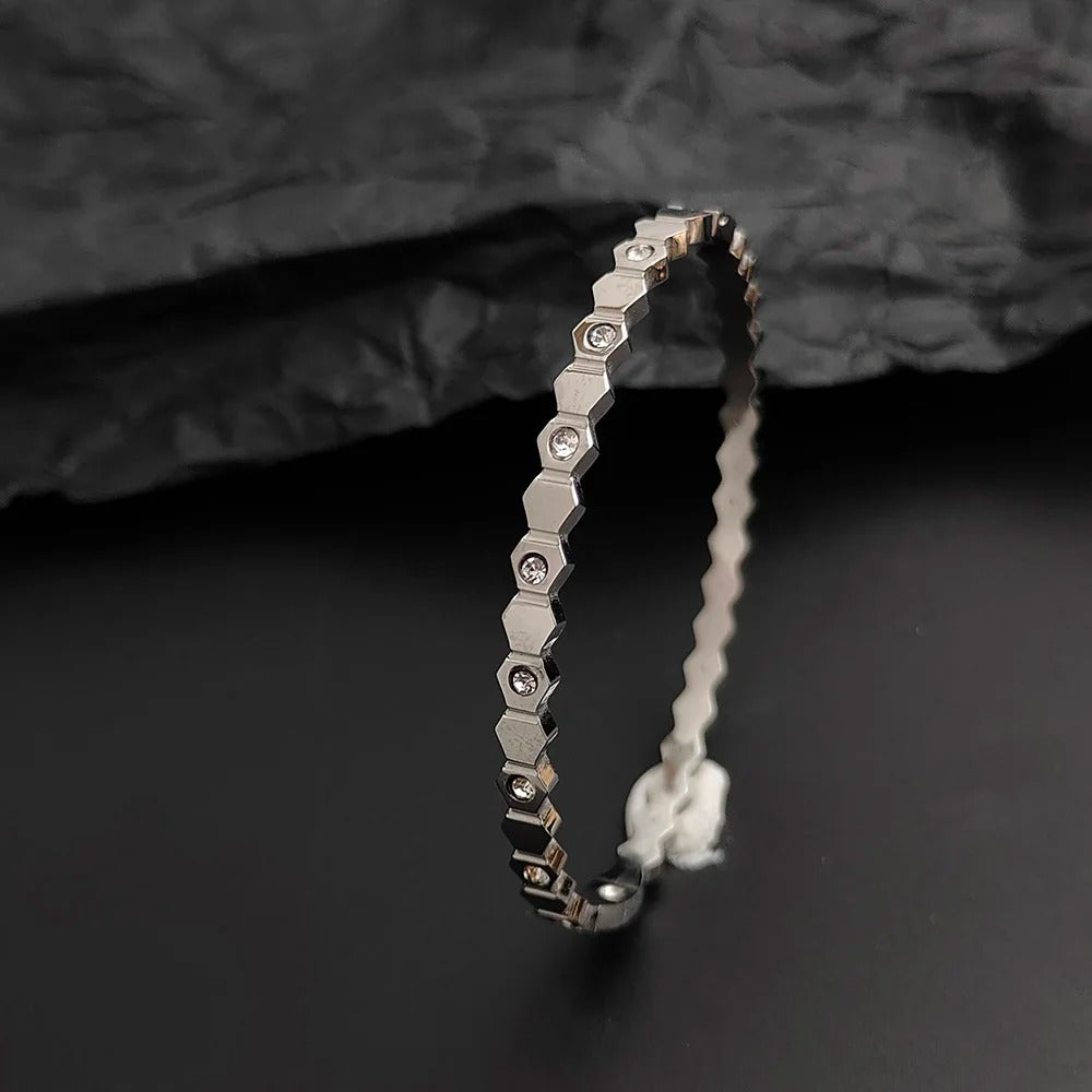 New Gold Plated Stainless Steel Zircon Hexagon Bracelet for Women, Wedding Party Jewelry