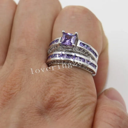 Lovers Lab Amethyst Promise Ring Set 10KT White Gold Wedding Band Rings for Women Men Jewelry Gift