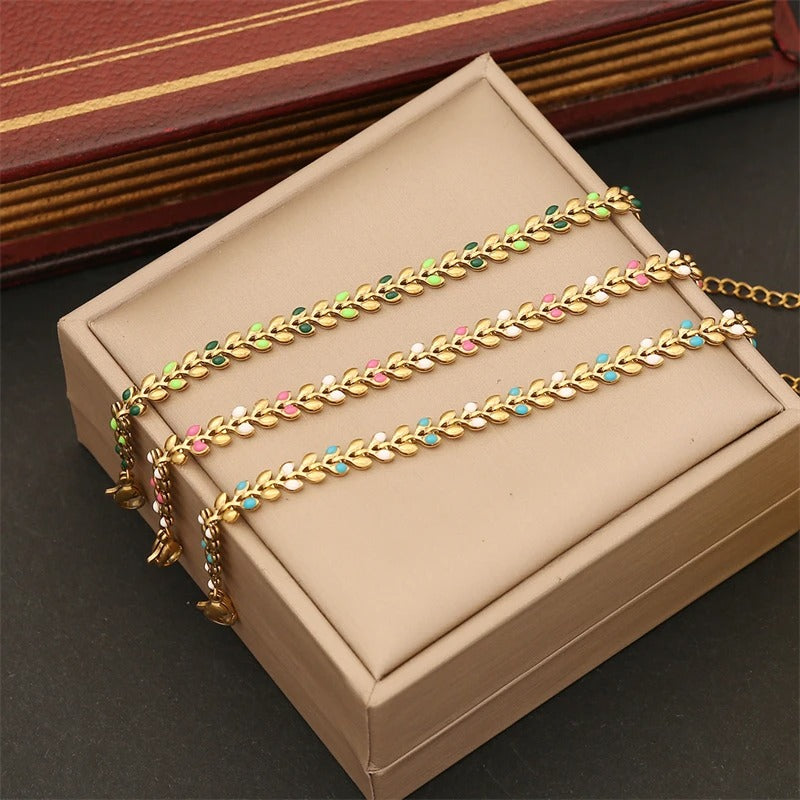 316L Stainless Steel Wheat & Olive Branch Charm Chain Bracelet