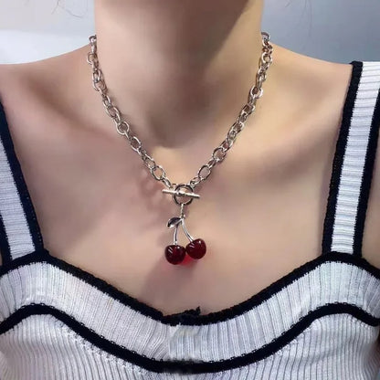 Red Cherry Pendant Necklace Korean Retro Clavicle Chain Women