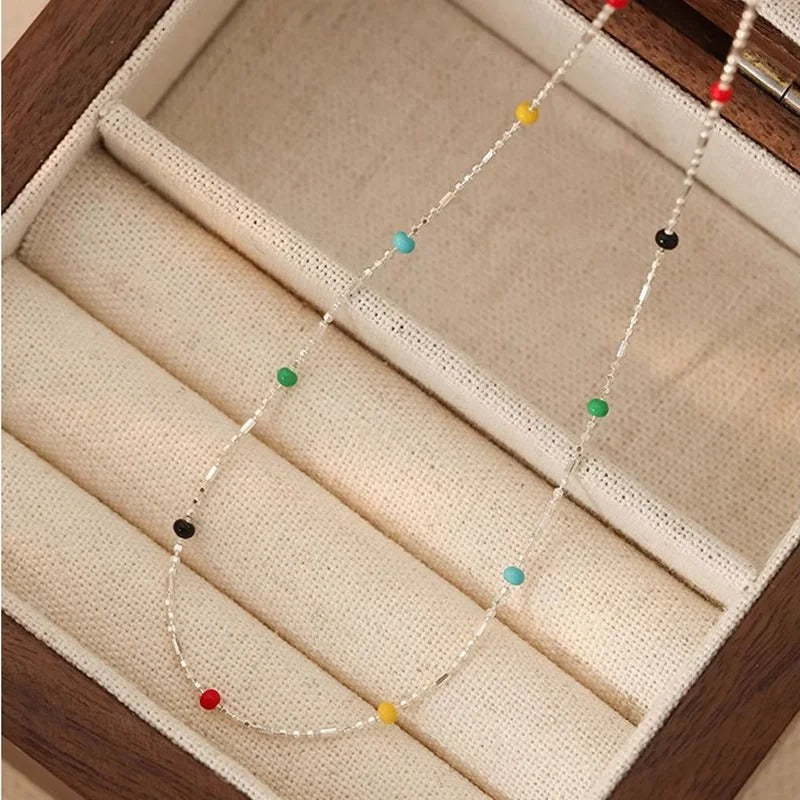 Pure 925 Sterling Silver Rainbow Bean Chain Necklace Women Girls Jewelry