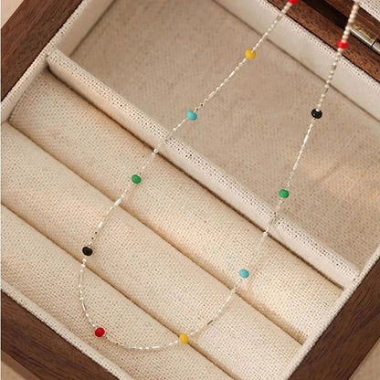 Pure 925 Sterling Silver Rainbow Bean Chain Necklace Women Girls Jewelry