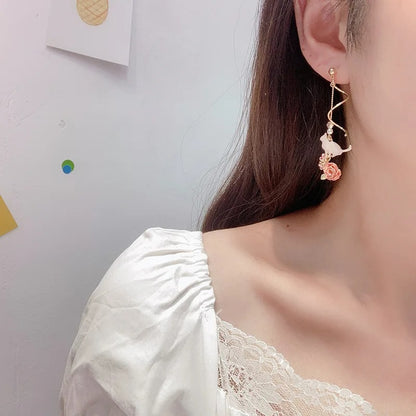 2025 New Korean Style Flower Dangle Earrings for Women Shiny Rhinestone Long Tassel Cute Cat Earring Sweet Jewelry