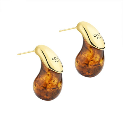 Water Drop Brown Resin Stud Earrings Vintage Copper Gold Plated