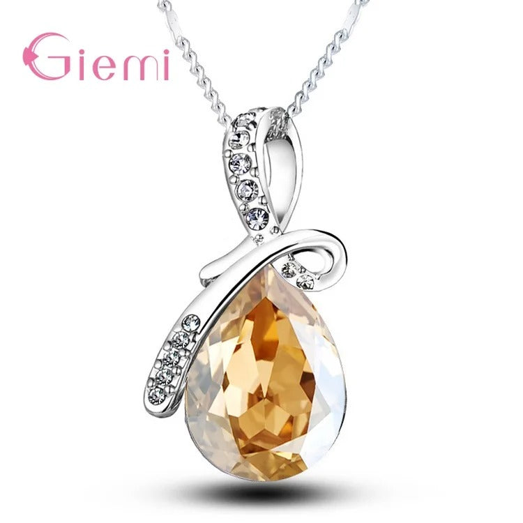 925 Sterling Silver Colorful Cubic Zirconia Waterdrop Pendant Necklace Women Girls Wedding Party Jewelry