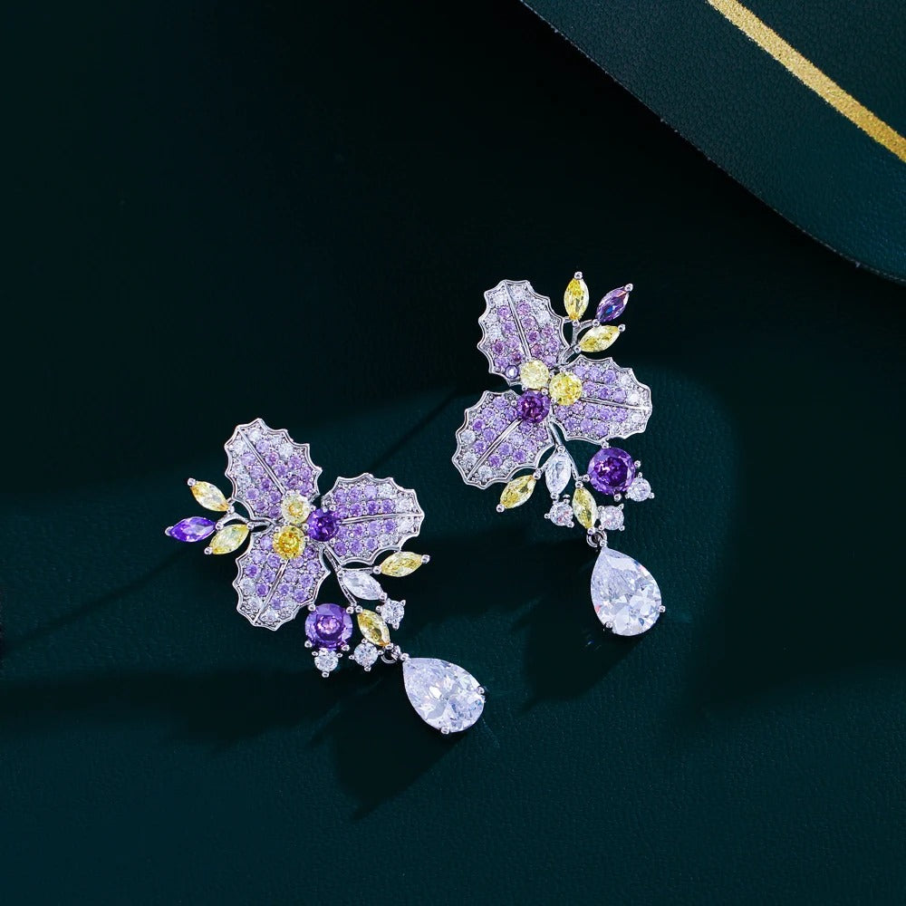 Purple Cubic Zircon Flower Leaf Drop Earrings Women Bridal