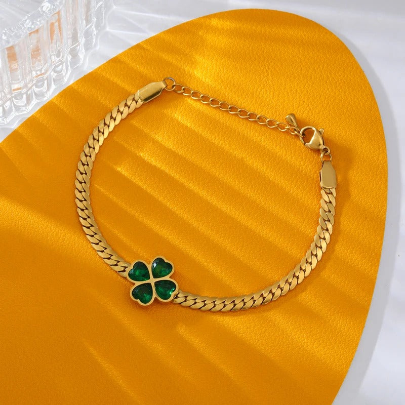 316L Stainless Steel Green Crystal Clover Bracelet for Women