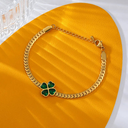 316L Stainless Steel Green Crystal Clover Bracelet for Women