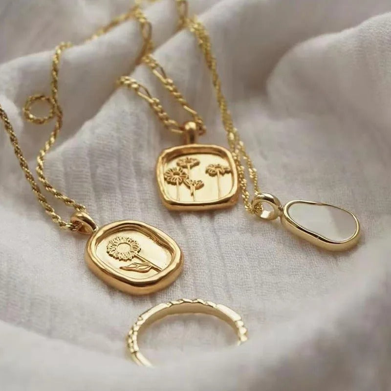 new vintage stainless steel figaro chain embossment Stereoscopic flowers square plate charm necklaces for women