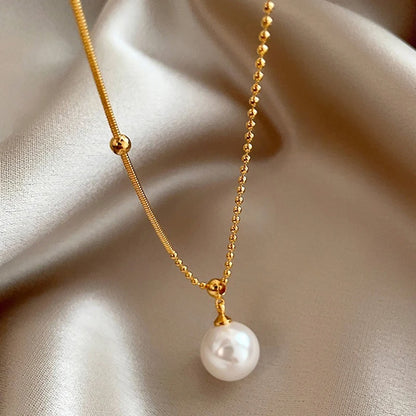 New Stainless steel Bead Chain Splicing Pearl Pendant Necklace For Womens sexy Collarbone Chain Fashion Accessories Jewelry
